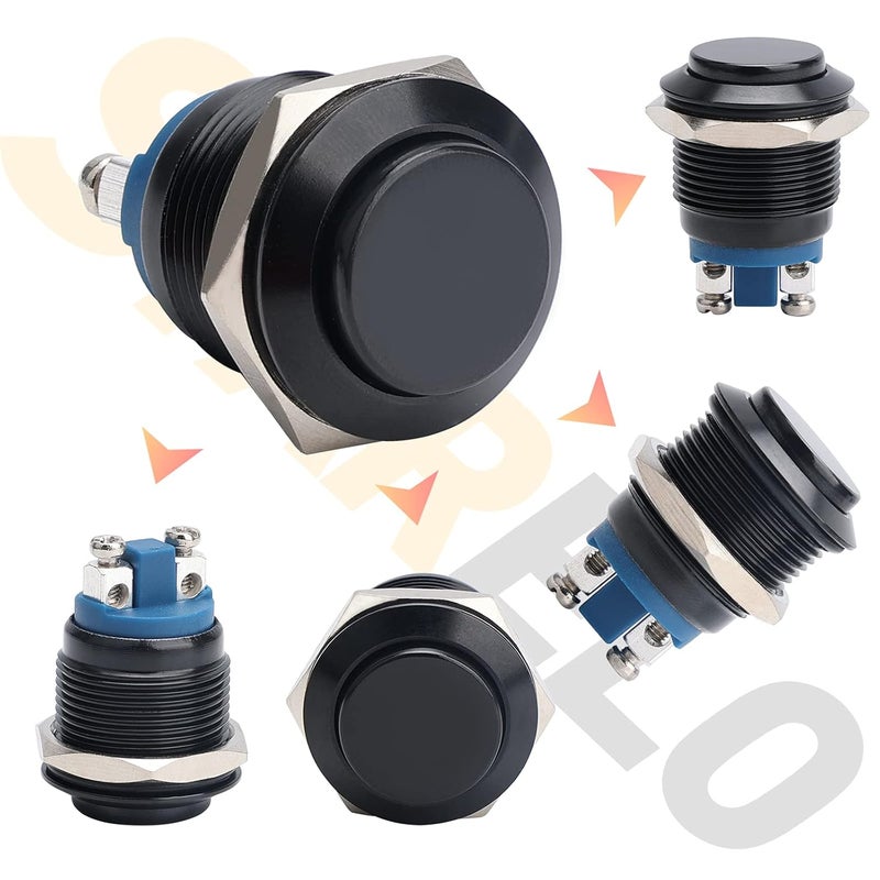 STARELO 5pcs 19mm Momentary Push Button Switch Black Shell, IP65 Waterproof Push Button Switch,Aluminum Alloy 1 Normally Open Without LED. - Image 2